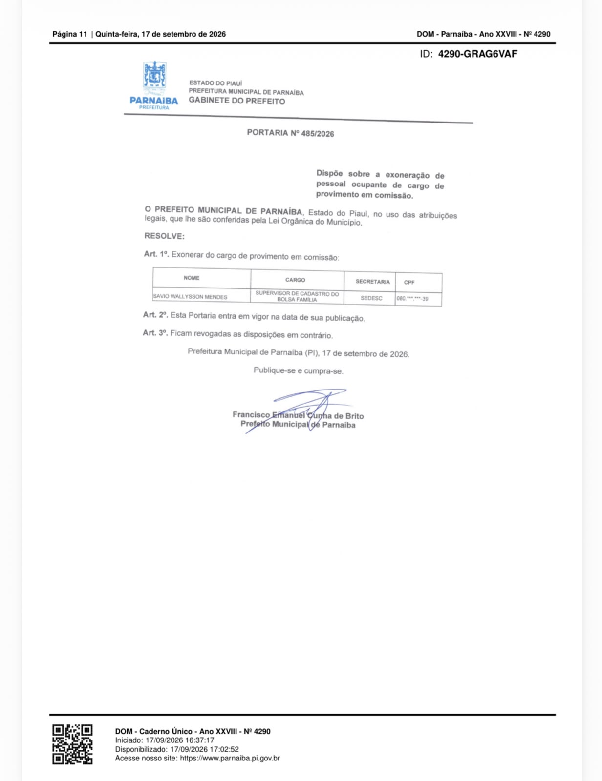 Portaria municipal - Divulgação/ASCOM