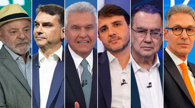 Candidatos a presidente: Lula, Flávio, Caiado, Renan Santos, Cury e Zema | Montagem de fotos do O Globo