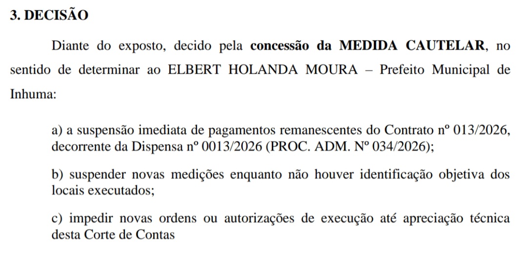 TCE suspende pagamentos da Prefeitura de Inhuma a empresa contratada sem licitação 
